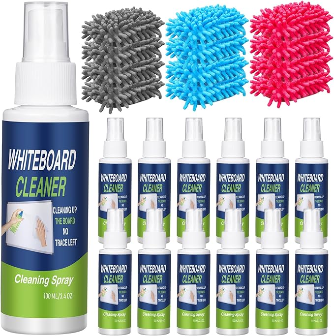 24 Pcs Whiteboard Cleaner Set 12 Pcs 3. 4 Fl oz Whiteboard Cleaner Spray with 12 Pcs Microfiber Shag Dry Erase Eraser for Markers Chalk Glass Classroom, Home and Office Use