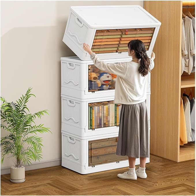 4 Tier Storage Bins with Lids 102QT - Stackable Containers with Wheels, Folding Boxes, Set of 25