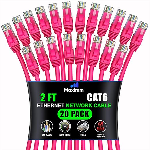 Maximm Cat 6 Ethernet Cable 2 ft (20-Pack) - High-Speed LAN Cable, Internet Cable, Patch Cable, and Network Cable - UTP, 10Gbps, 550MHz Ethernet Cord - Pink