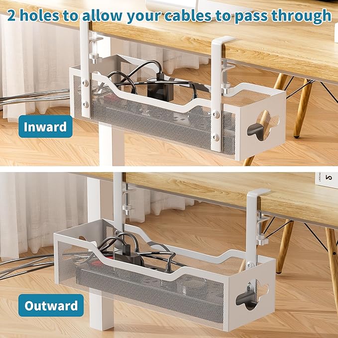 Under Desk Cable Management Tray White, Litwaro Cable Management Under Desk No Drill, Cable Organizer with Clamp for Wire Management, Cord Organizer for Office, Home No Damage to Desk