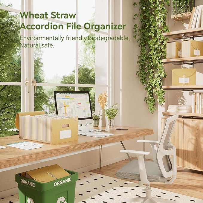 Accordion File Organizer, 26 Pockets Wheat Straw Expanding File Folder, Monthly Bill Receipt Organizer, A-Z Tabs, 100% BPA Free, Return to Nature, Healthy Living, Letter/A4 Size-Wheat Yellow