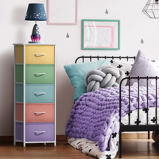 Sorbus Fabric Dresser for Kids Bedroom - Chest of 5 Drawers, Tall Storage Tower, Clothing Organizer, for Closet, for Playroom, for Nursery, Steel Frame, Fabric Bins - Wood Handle (Pastel)