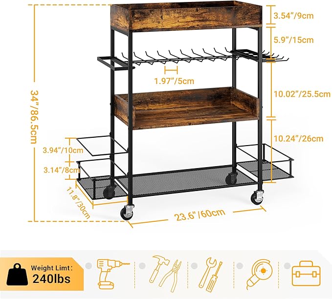 Dunatou Power Tool Organizer Cart Heavy Duty 4 Tier Rolling Tool Cart Garage Storage with Drill Rack Shelf Open Tool Chest Organizer with Wheels Workshop and Garage Ideas for Men or Dad (Rustic Brown)
