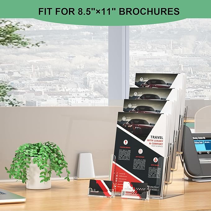 zavekia 4 Tier Acrylic Brochure Holder 8.5 x 11 inch, Clear Literature Organizer Magazine Stand with 4 Pack Separate Removable Divider for 4 x 9 inch Brochures,Magazine Holder,Flyer Holder