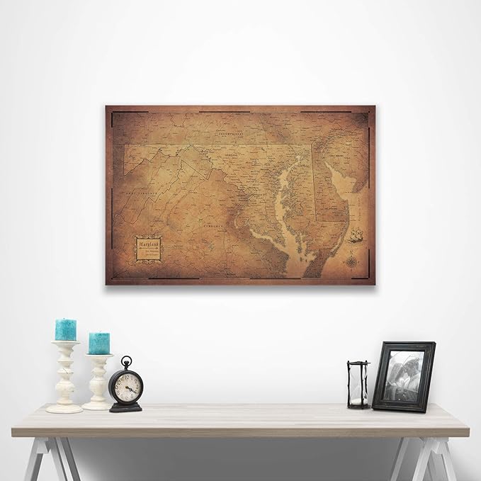 Conquest Maps Push Pin Maryland Map Board - With Push Pins to Mark Maryland Travels - Handmade in Ohio, USA - Design: Golden Aged