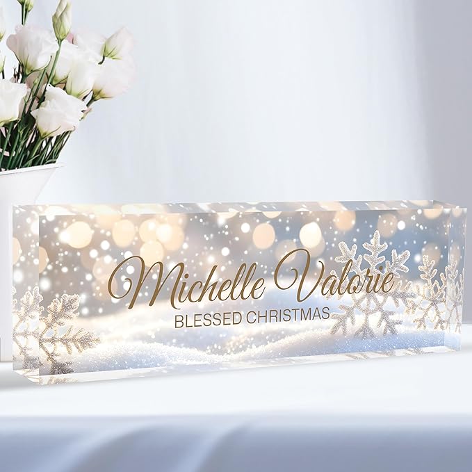 Custom Desk Name Plate Personalized, Acrylic Name Plates for Desk, Office Decor Personalized Gifts for Teacher Coworkers Boss Nurse Christmas Snowflakes