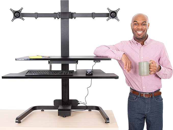 Stand Steady Techtonic Electric Standing Desk Converter wIth Dual Monitor Mount, 2 Screen Support, Quiet Sit-Stand Desk with Button Control, Keyboard Tray, Ideal for Gaming & Computer Work (Black)