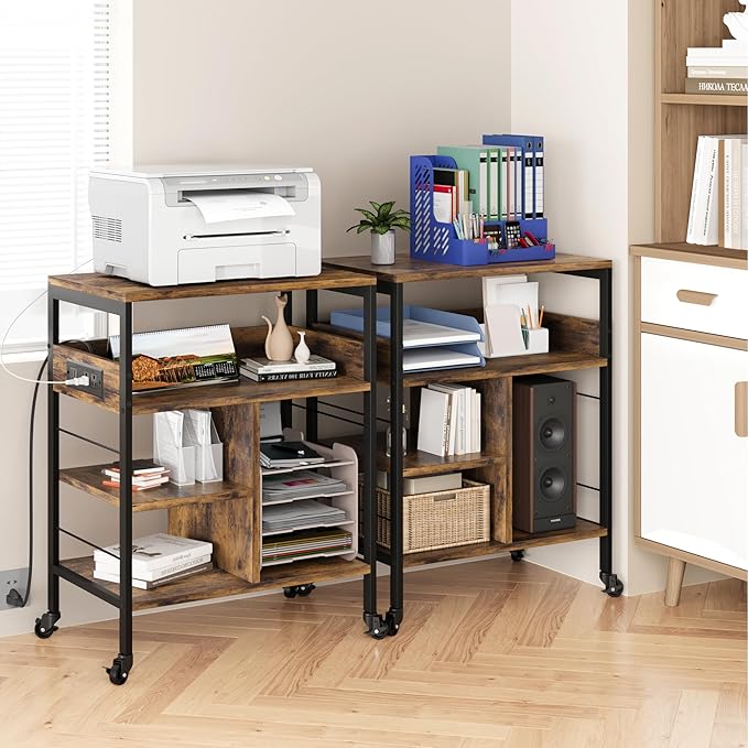 GarveeLife Printer Stand with Power Outlets, 4-Tier Rolling Printer Table with Lockable Wheels, Heavy Duty Printer Cart with Storage, Utility Storage Cart for Home, Office, Brown