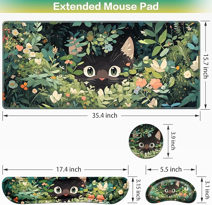Mouse Pad Anime, Mouse Pad with Wrist Rest, 4-in-1 XXL Large Desk Mat Kawaii Mousepad with Gel Wrist Support Keyboard Wrists Rest Coaster, Ergonomic Gaming Cat Desk Pad, Funny Cute Office Accessories