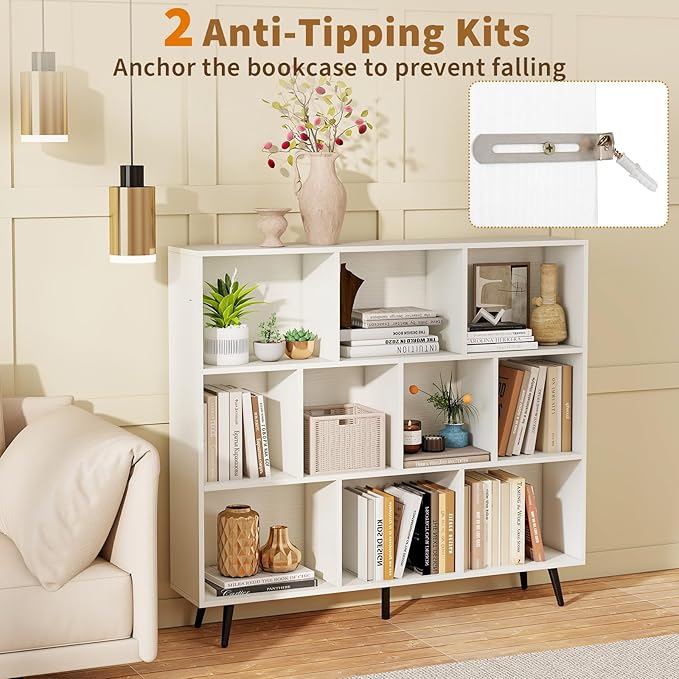 Tangkula 10-Cube Bookcase, Modern 47”L Storage Bookshelf with 5 Tapered Metal Legs & 2 Anti-Tip Kit, Freestanding Display Rack for Living Room, Study Room (White, 10-Cube)