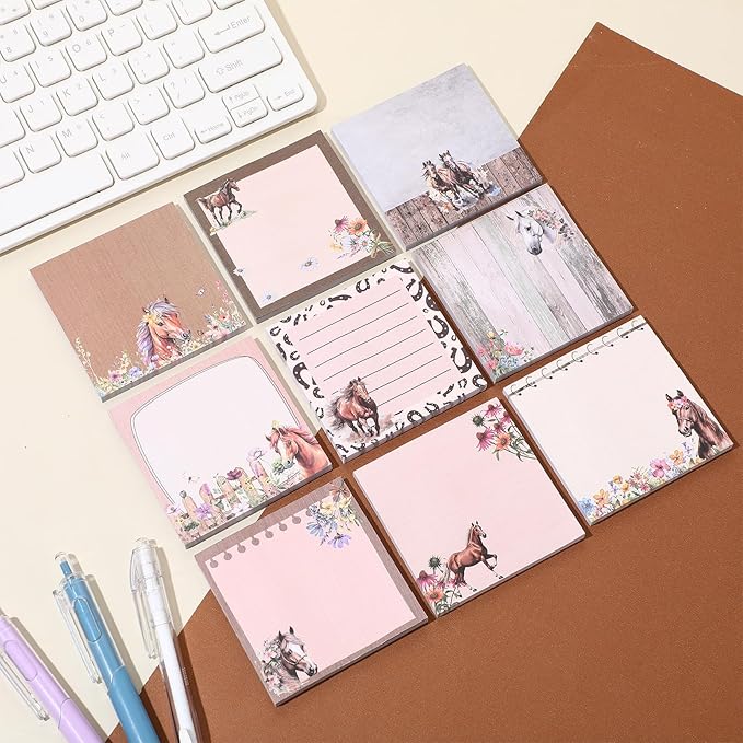 9 Pads Horse Sticky Notes 3x3 Inch Cute Self Stick Notepads Notes Adhesive Memo Pad Office Decor Gifts for Students School Teacher Meeting Office Supplies