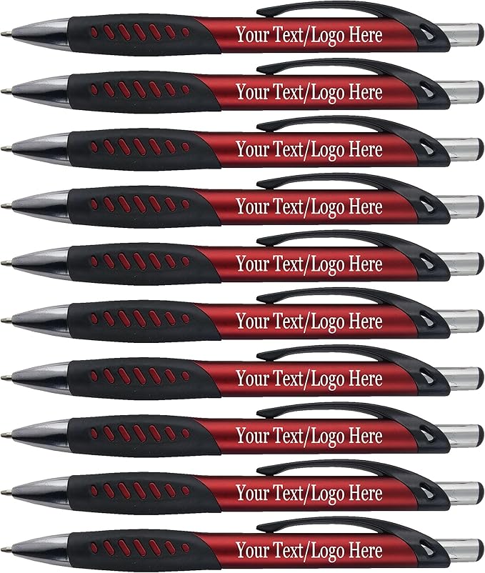 SyPen Promotional Pens With your Custom Logo or Text-300 Pack Bulk-for Businesses, Parties, and Events, Custom Printed Metallic/Colored Click Action Ballpoint Pens, Rubber Grip, Black Ink,Red