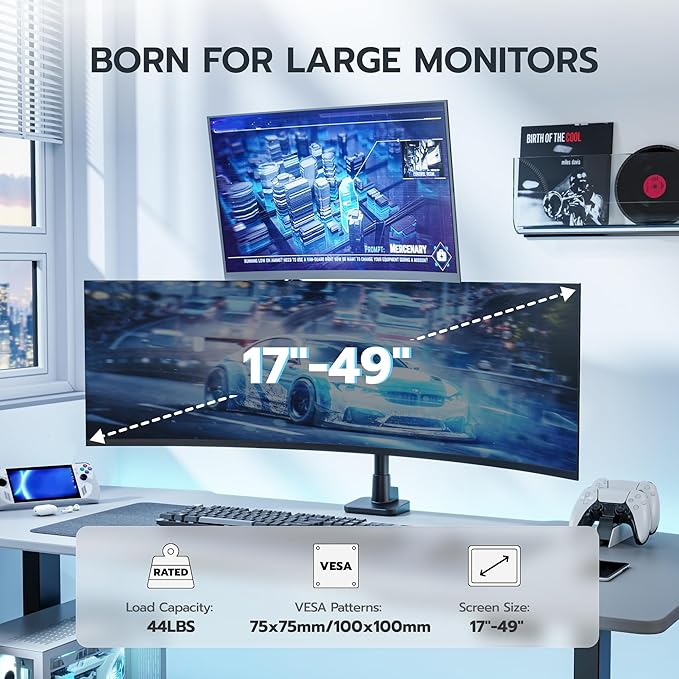 ARES WING Dual Monitor Mount for 17-49 Inch Ultrawide Heavy Duty Curved Screen, Computer Monitor Arm Desk Mount, Gas Spring Adjustable Vesa Stand, Black