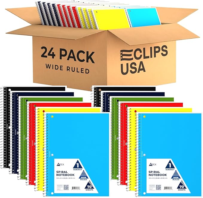 Spiral Notebook Wide Ruled Notebooks 70 Sheets Single Subject Notebooks Bulk 6 Color Assortment 3 Hole Perforated Sheets (24 Pack Wide Ruled)