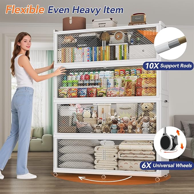 200 Gallon Extra Large Collapsible Storage Bin with Lid, 960QT Stackable Plastic Organizer with 6X Wheels, Foldable Drawer Cabinet for Closet, Living Room Office, Kitchen 4Pack, White