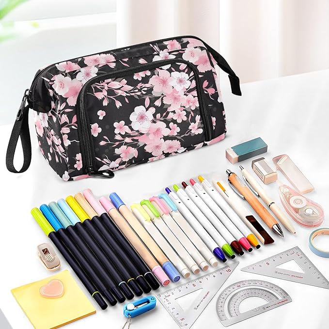 Black Cherry Blossom Pencil Case Pouch Big Capacity Pencil Bag Box Organizer Pen Case Pencil Pouch Aesthetic with Handle for Girls Boys Adults Women School Office
