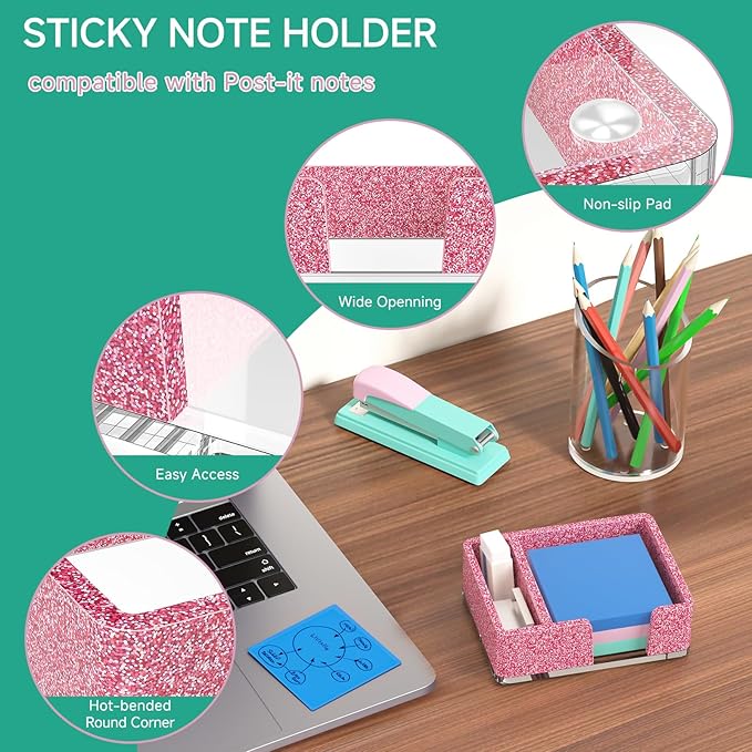 Sticky Note Holder with Pen Slot, Glitter Pink Acrylic Notepad Holder 3x3 in Self-Stick Note Dispenser Office Desk Accessories, Memo Pad Holder Organizer for Classroom School Supplies