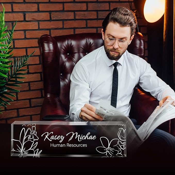 SalaGraphics Custom Engraved Acrylic Name Plates for Desks, Office Desk Plate Personalized, Decor Nameplate, Nurse Manager Employee Teacher Appreciation Gifts, Accessories (Flowers F)