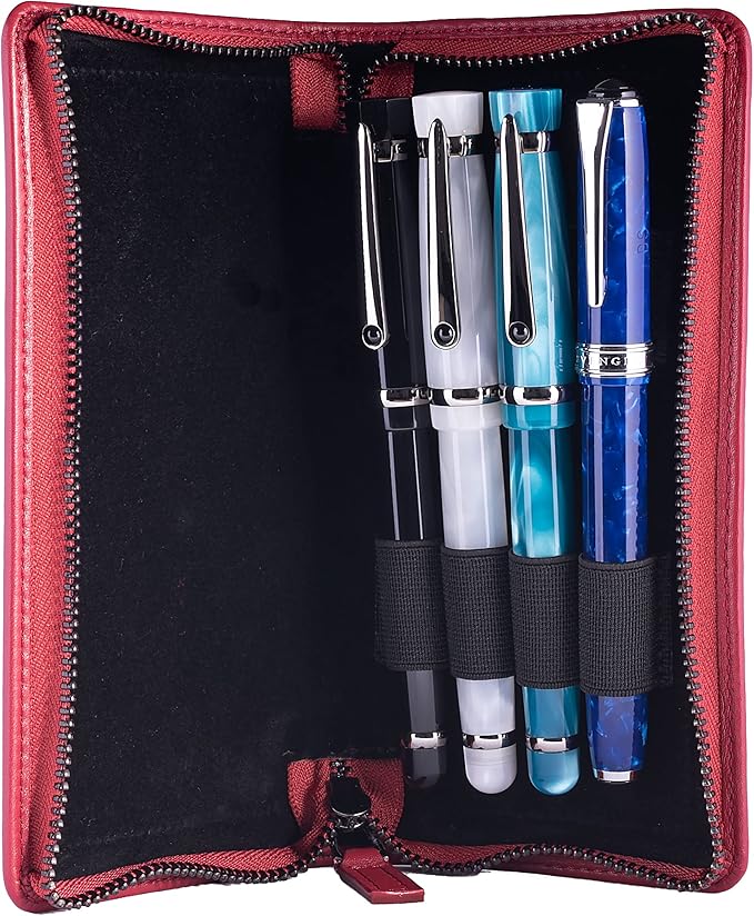 DiLoro Leather Zippered Triple or Quad Pen Case Pencil Pouch Holder for Three or Four Fountain Ballpoint Rollerball Pens or Glasses (Nappa Red)