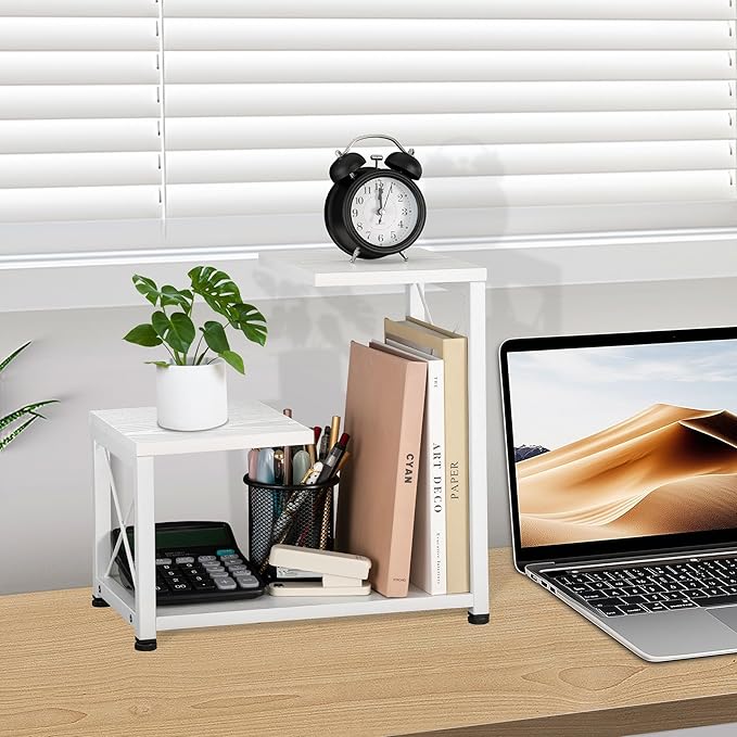 Desk Shelf Organizer, 3 Tier Storage Shelf Riser Display Stand, Wood Desktop Organizer Small Bookshelf, Desktop Shelf for Office Decor and Desk Accessories, White
