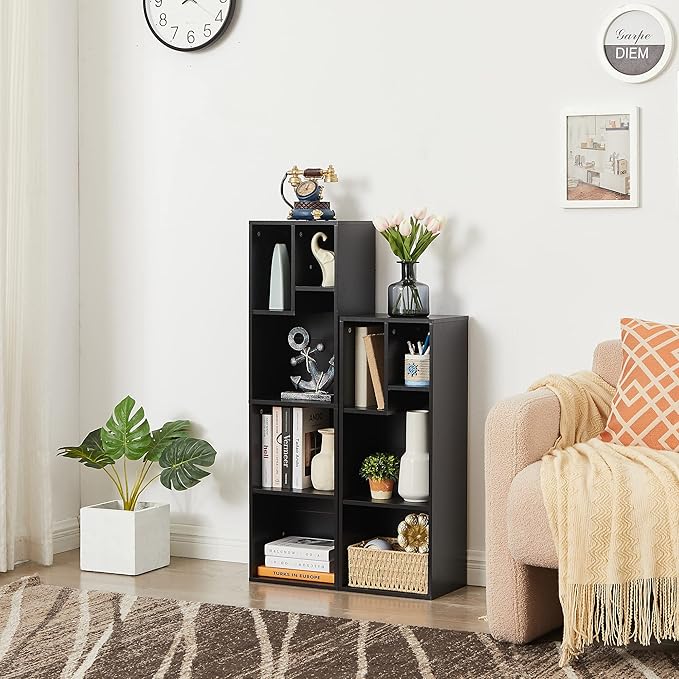 VECELO 4-Tier Bookcase, Modern Storage Cabinet with Height Difference Shelves for Standard Textbooks, 5 Cubes, Vertical or Horizontal, Easy Assembly,Vintage Black