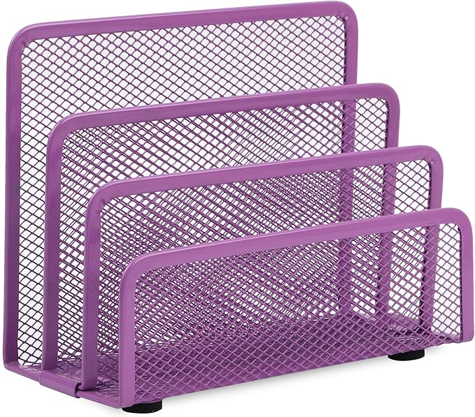 EASEPRES Desk Mail Organizer, Office Small Desktop Metal Mesh Envelope Letter Sorter Paper File Holder Organizer with 3 Vertical Upright Compartments, Purple 1 Pack