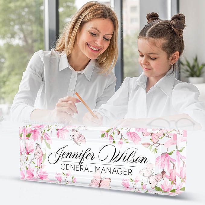 Personalized Acrylic Desk Name Plate - Custom Employee Appreciation Gifts - Office Gifts for Women, Men, Boss, Coworkers, Teacher, Nurse (Pink Flower Butterfly)