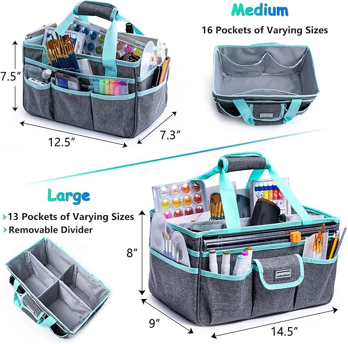 Art Supply Organizer Tote Bag – Craft Caddy with Handle, Utility Storage Tote with Multiple Pockets & Adjustable Divider for Sewing, Scrapbooking, School, Office, Medical Supplies
