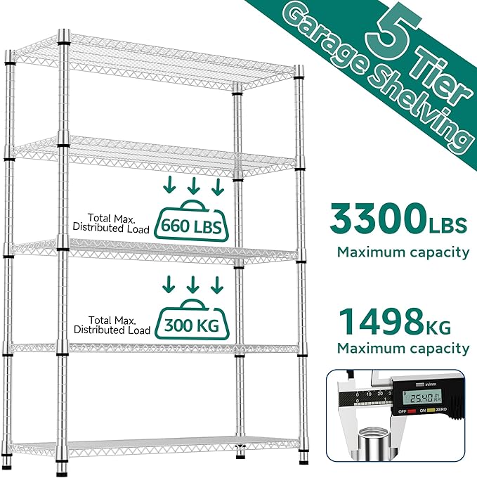 5 Tiers Shelf Metal Storage Shelves 3300 lbs Steel Storage Shelving Utility Shelving Unit Steel Organizer Wire Rack for Home,Kitchen,Office,Garage Chrome 17.7" D x 47.2" W x 70.3" H