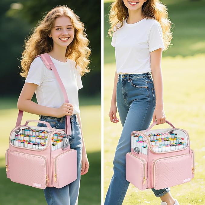 Large Marker Organizer Case for 200-300 Markers,Travel Marker Storage Bag with Dividers and 4 Pockets,Marker Organizer Holder for Paint Brushes,Colored Pencils and Other Art Supplies,Bag Only,Pink