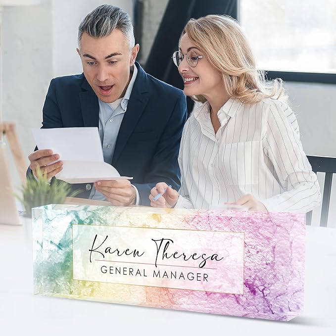 Custom Office Name Plate, Personalized Gifts for Women & Men, Appreciation Gifts for Employees, Boss, Teacher - Rainbow Texture Desk Accessory
