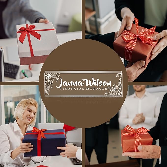 Personalized Desk Name Plate, Custom Acrylic Glass Name Plates for Desks, Office Desk Decor Nameplate, Desk Accessories, Teacher Boss Coworkers Employee Appreciation Gift (Engraved Flower 2)