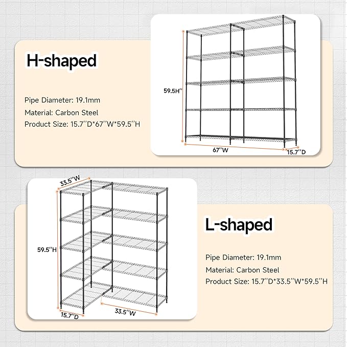 5 Tiers Storage Shelves Load 1500LBS, Metal Shelving Wire Metal Shelving Unit Shelves for Storage Adjustable Garage Shelving for Pantry Kitchen Garage Black 15.8" D x 33.5" W x 70.5" H