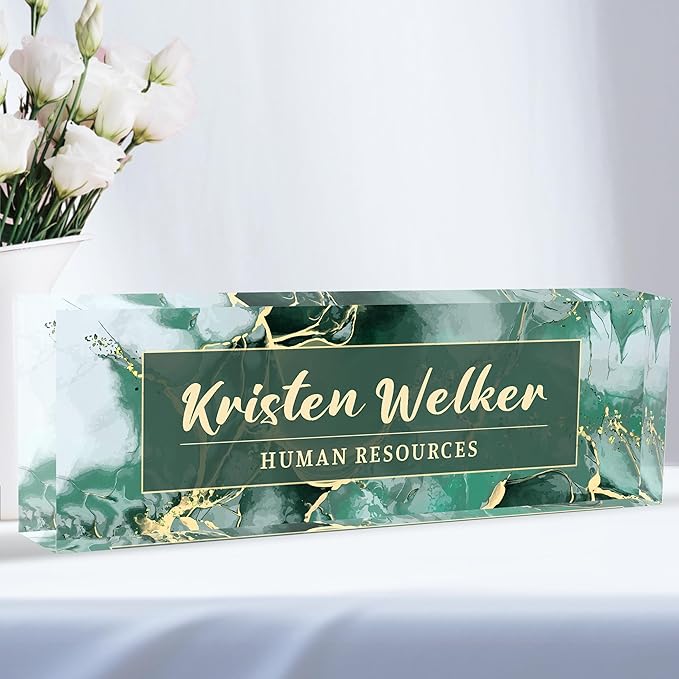 Personalized Office Name Plate, Custom Name Plate for Desks, Office Desk Decorations Gift for Women Men, Acrylic Desk Name Plate for Teacher Coworkers Staff Boss (Green Marble)