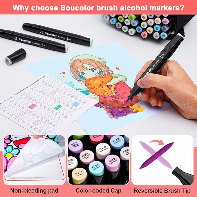 Soucolor 51 Colors Alcohol Markers Brush Tip, Dual Tip Brush & Chisel Alcohol-Based Art Markers, 50 Colors+1 Blender Drawing Coloring Art Supplies for Kids Artists Adults Teen Girl Gifts Trendy Stuff