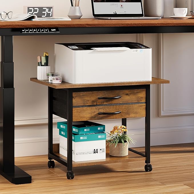 Large Printer Stand with Storage Fabric Drawer Under Desk Printer Table with Wheels for Home Office, Printer Cart fit Fax Machine Scanner 23.4"x15.7"(Rustic Brown, 2 Tiers)