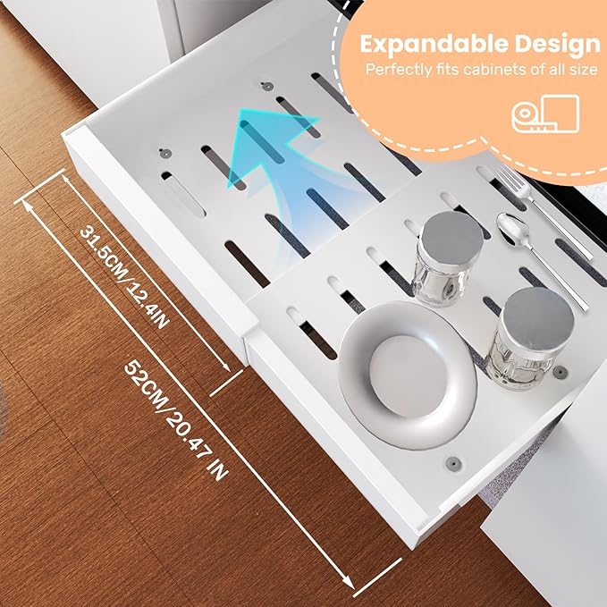 FILTA 2Pack Expandable Pull-Out Cabinet Organizer 21" Deep Slide Out Drawers, Upgrade 3 Slide Rails, Adjustable Width 12.4”-20.4”, With Screws and Nano Film Adhesive, White