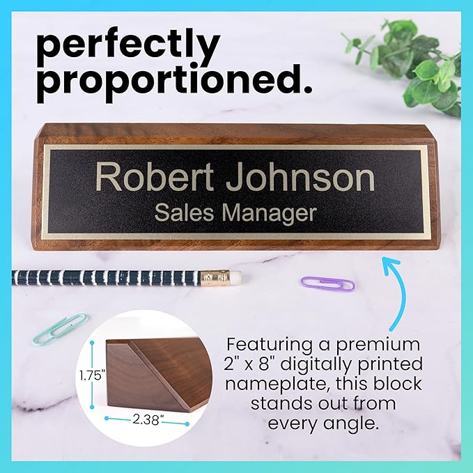 ExcelMark Personalized Walnut Wood Business Desk Black Name Plate with Gold Letters - 2"x 8"