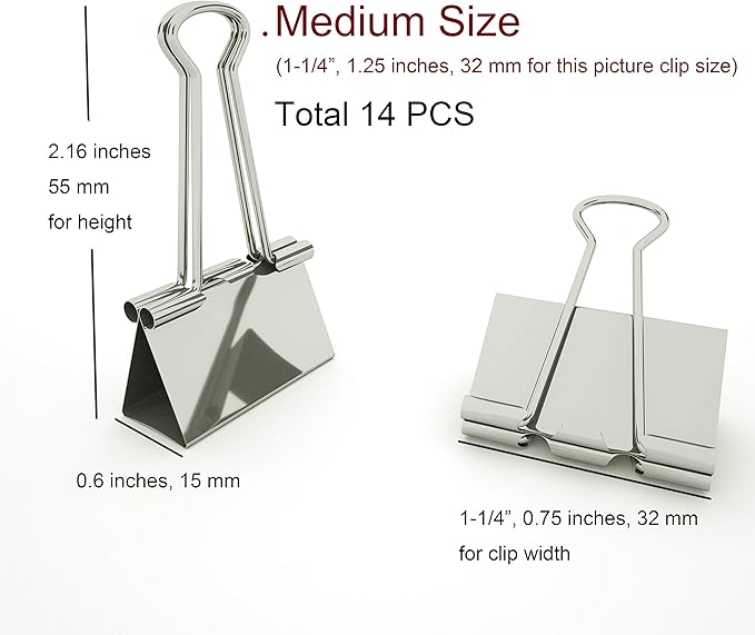 Nctinystore Binder Clips Medium Metal Clamp 1.25 inch / 32 mm (Silver, 14-PCS)