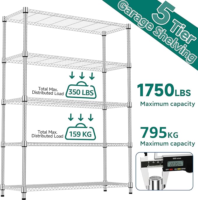 5 Tiers Shelf 1750 lbs Steel Storage Shelving Utility Shelving Unit Steel Organizer Wire Rack for Home,Kitchen,Office,Garage Chrome 17.7" D x 47.2" W x 72.4" H