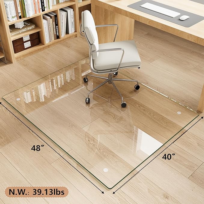 Tempered Glass Chair Mat for Carpet & Hard Floor, 40"x48" Office Chair Mat - Heavy Duty & Scratch Resistant, Non-Slip Pads, Rounded Corners & Polished Edges