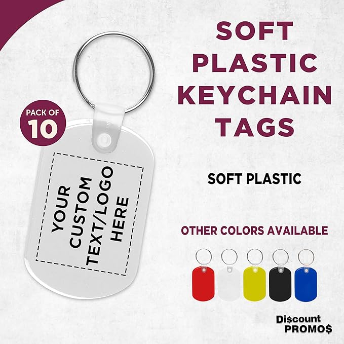DISCOUNT PROMOS Tag Soft Plastic Keychains - 10 pack - Customizable Text, Logo - Small Key Tag Chain For Staying Organized - Rubber Key Ring Keychain – White