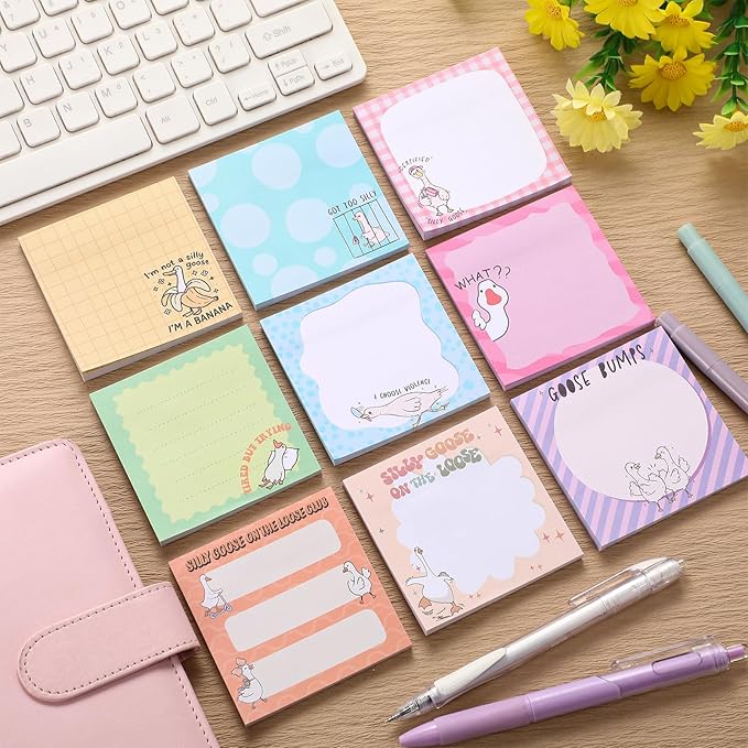 9 Pads Goose Sticky Notes Cartoon Self Stick Notepads 3x3 Inches Notes Adhesive Memo Pad Office Decor Gifts for Students School Teacher Office Meeting