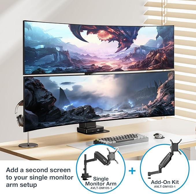 AVLT 57 Inch Heavy Duty Pole Top Mount Monitor Arm Series – Dual & Single Add-On Kits, Height Adjustable, VESA Compatible (Black, Add-On Monitor Arm)