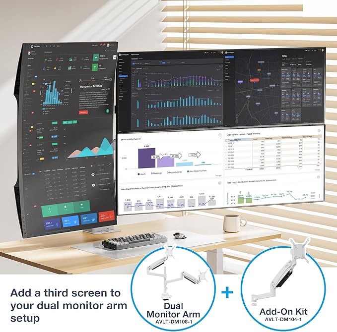AVLT 57 Inch Heavy Duty Pole Top Mount Monitor Arm Series – Dual & Single Add-On Kits, Height Adjustable, VESA Compatible (White, Add-On Monitor Arm)
