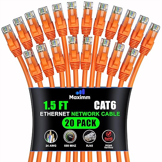 Maximm Cat 6 Ethernet Cable 1.5 ft (20-Pack) - High-Speed LAN Cable, Internet Cable, Patch Cable, and Network Cable - UTP, 10Gbps, 550MHz Ethernet Cord - Orange
