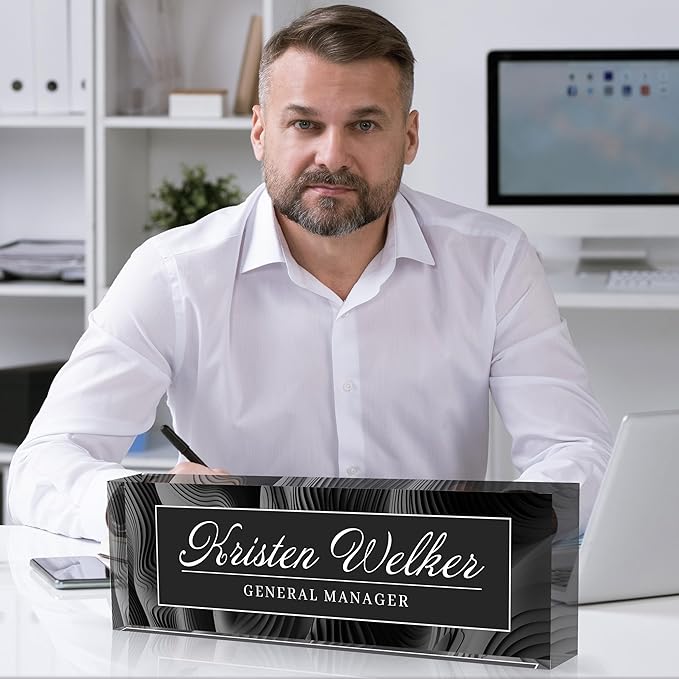 Personalized Office Name Plate, Custom Name Plate for Desks, Office Desk Decorations Gift for Women Men, Acrylic Desk Name Plate for Teacher Coworkers Staff Boss (Business Style-1)