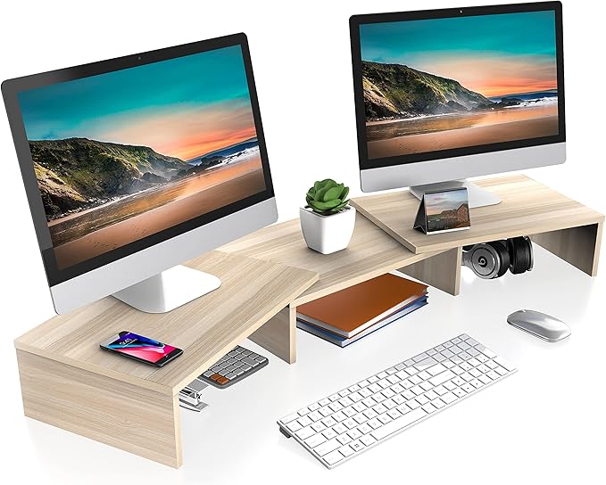 FITUEYES Dual Monitor Stand – 3 Shelf Computer Monitor Riser, Wood Desktop Stand with Adjustable Length and Angle, Desk Accessories, Office Supplies Medium Oak, DT108006WO