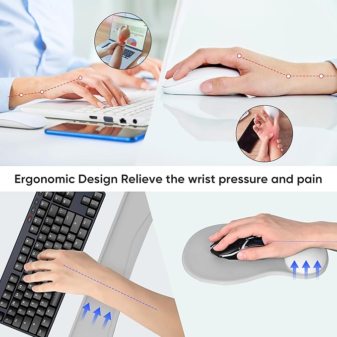 Wrist Rest Support for Mouse Pad Keyboard Set Circle Coaster Gaming Mouse Pad Ergonomic Gel Memory Foam Set for Computer, Laptop, Office, Pain Relief, Comfortably Typing Grey KM-31