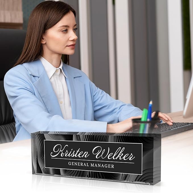 Personalized Office Name Plate, Custom Name Plate for Desks, Office Desk Decorations Gift for Women Men, Acrylic Desk Name Plate for Teacher Coworkers Staff Boss (Business Style-1)